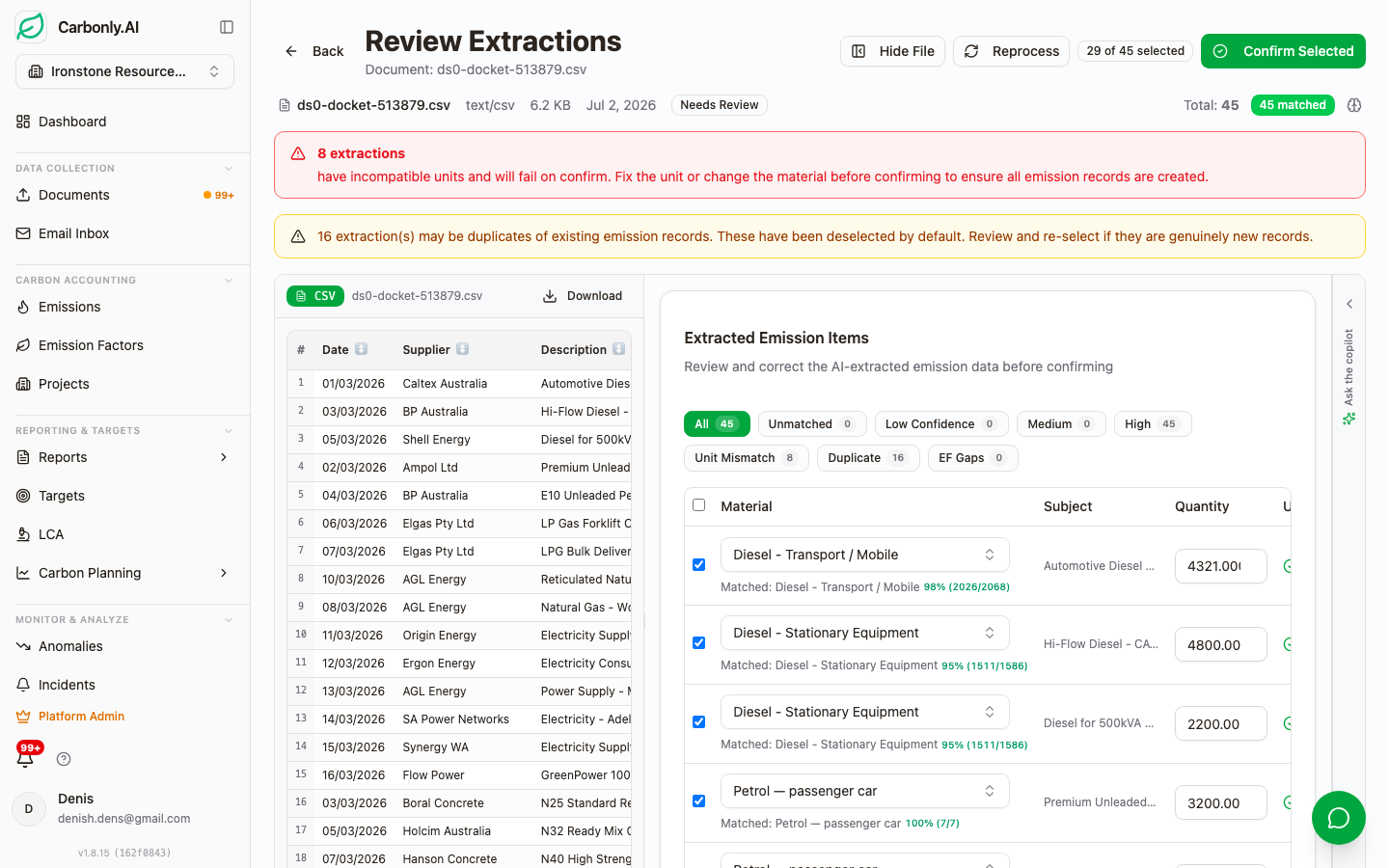 The Carbonly emission ledger showing confirmed extraction results with methodology labels and factor version pinning