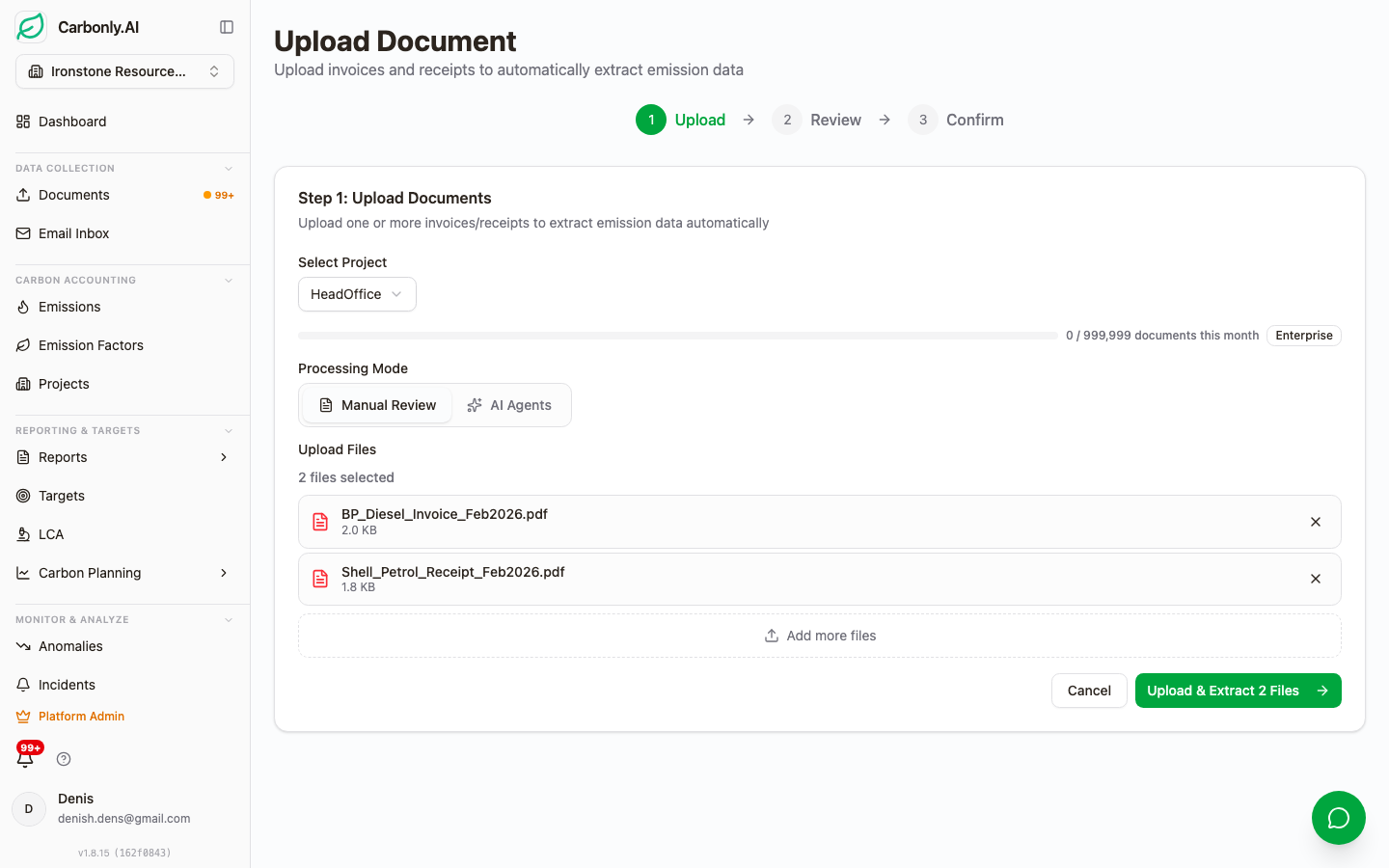 The Carbonly document upload screen showing drag and drop zone, folder sync and per-project email ingestion options