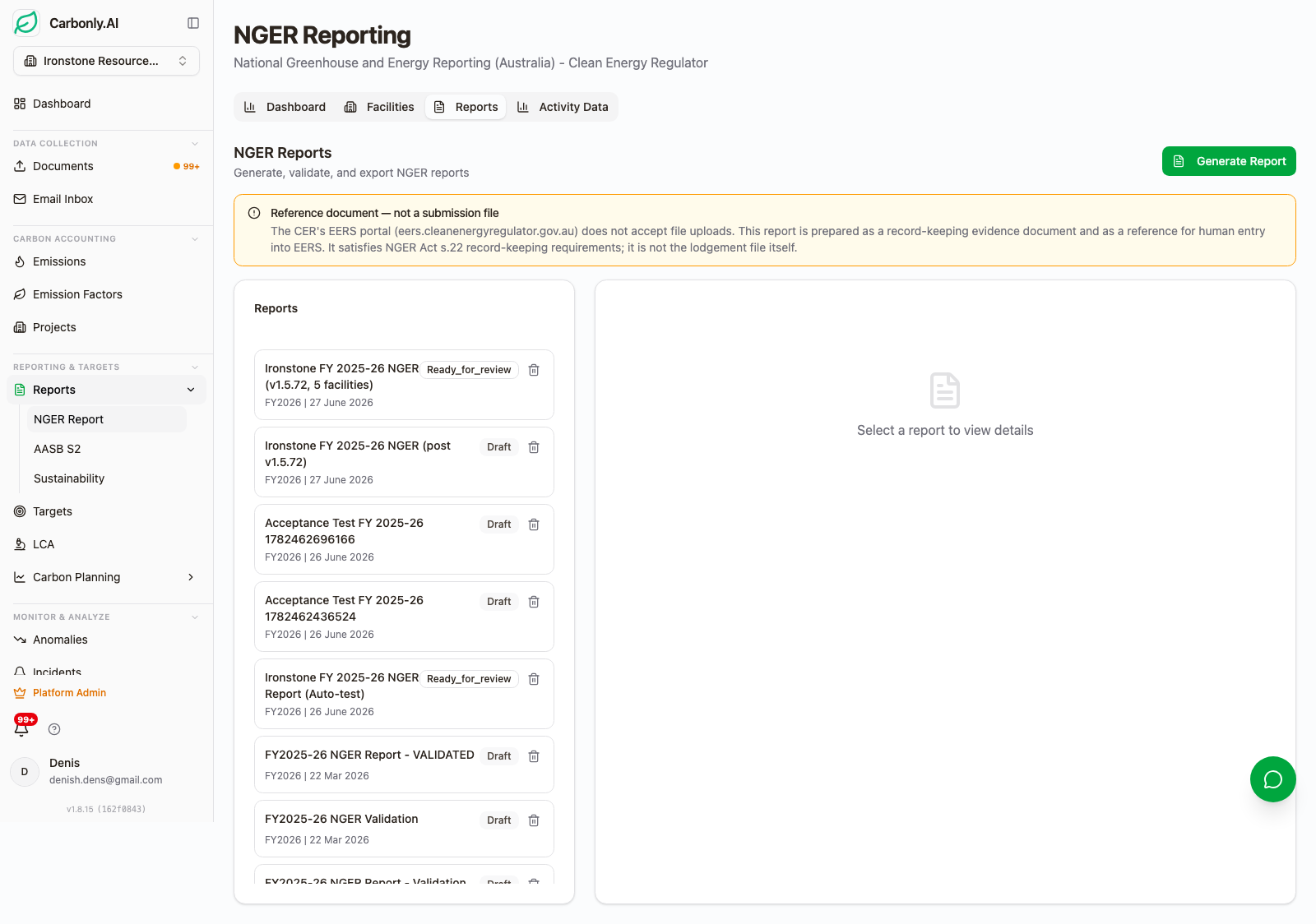 Carbonly NGER reports list showing draft and submitted reports