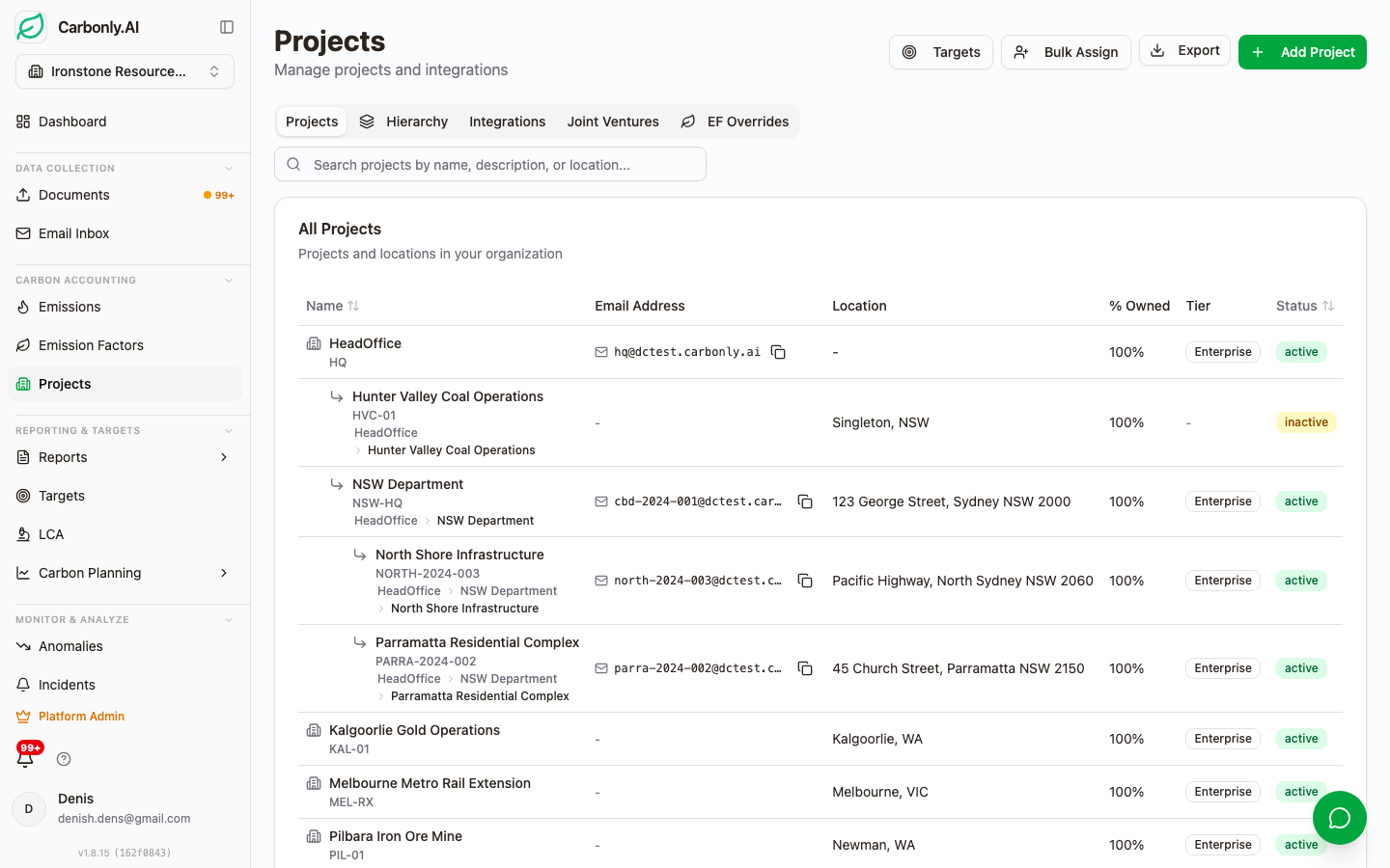 The Carbonly projects list showing per-project structure with OneDrive sync status and email ingestion addresses